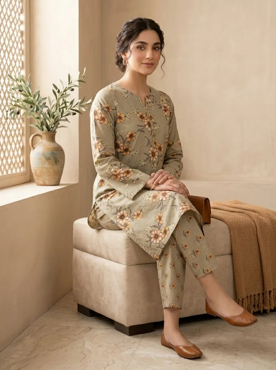 Beige Floral Lawn 2 Piece Suit