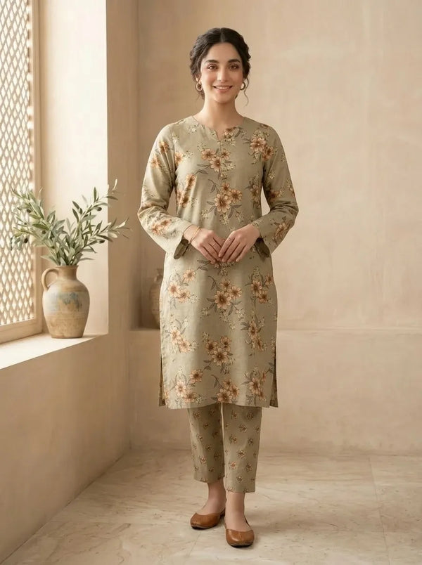 Beige Floral Lawn 2 Piece Suit
