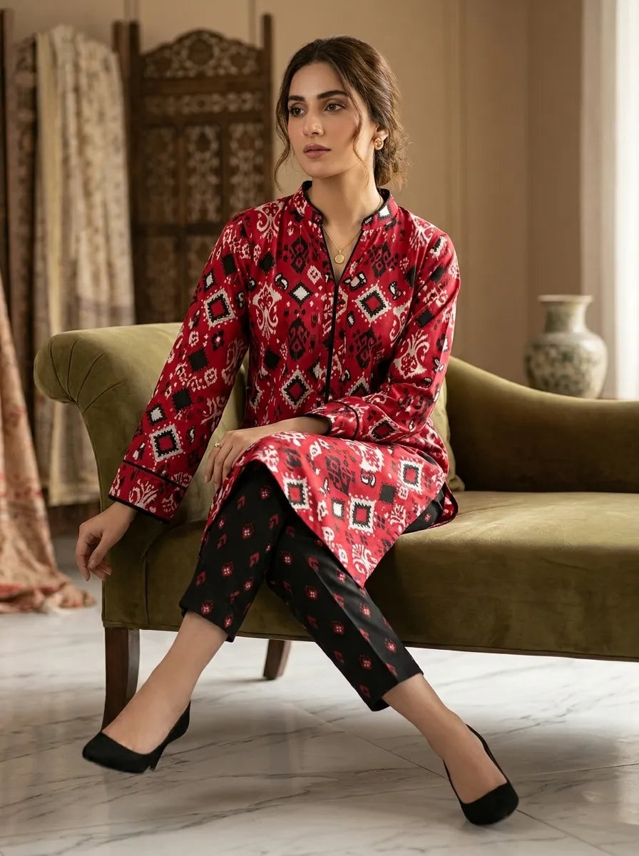 Black & Red Printed Lawn 2 Piece