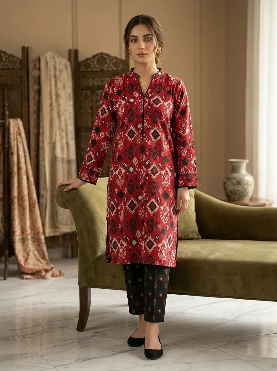 Black & Red Printed Lawn 2 Piece