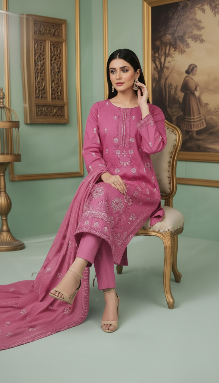 Pink Embroidered 3-Piece Lawn Suit