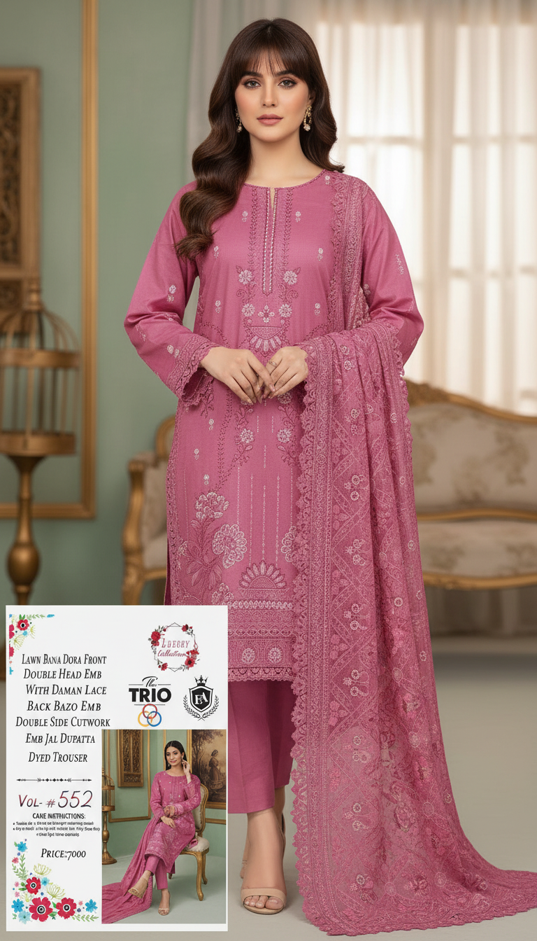 Pink Embroidered 3-Piece Lawn Suit