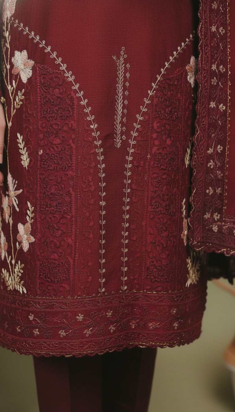 Elegant Maroon Embroidered Lawn Self 3PC Suit