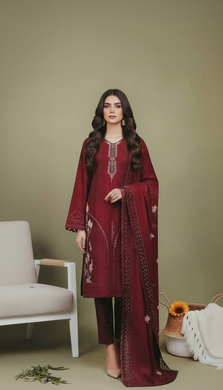 Elegant Maroon Embroidered Lawn Self 3PC Suit