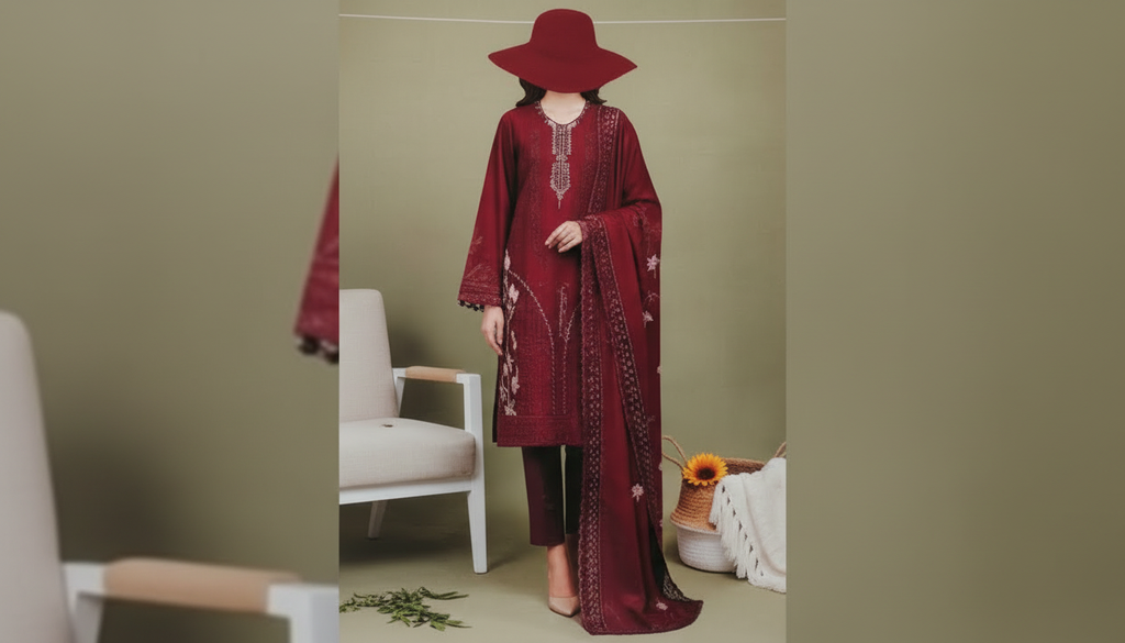 Elegant Maroon Embroidered Lawn Self 3PC Suit