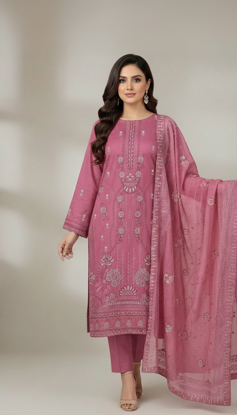 Pink Embroidered 3-Piece Lawn Suit