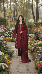 Elegant Maroon Embroidered Lawn Self 3PC Suit