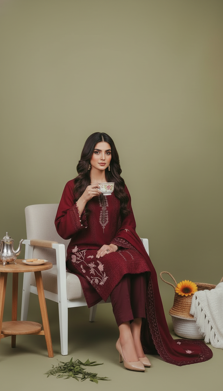 Elegant Maroon Embroidered Lawn Self 3PC Suit