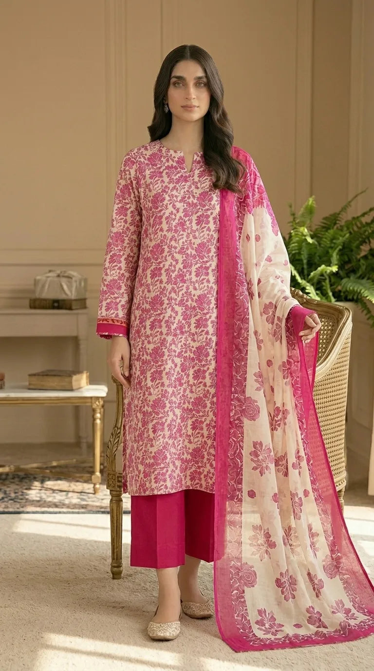 Printed Lawn 3-Piece Suit with Bamber Dupatta