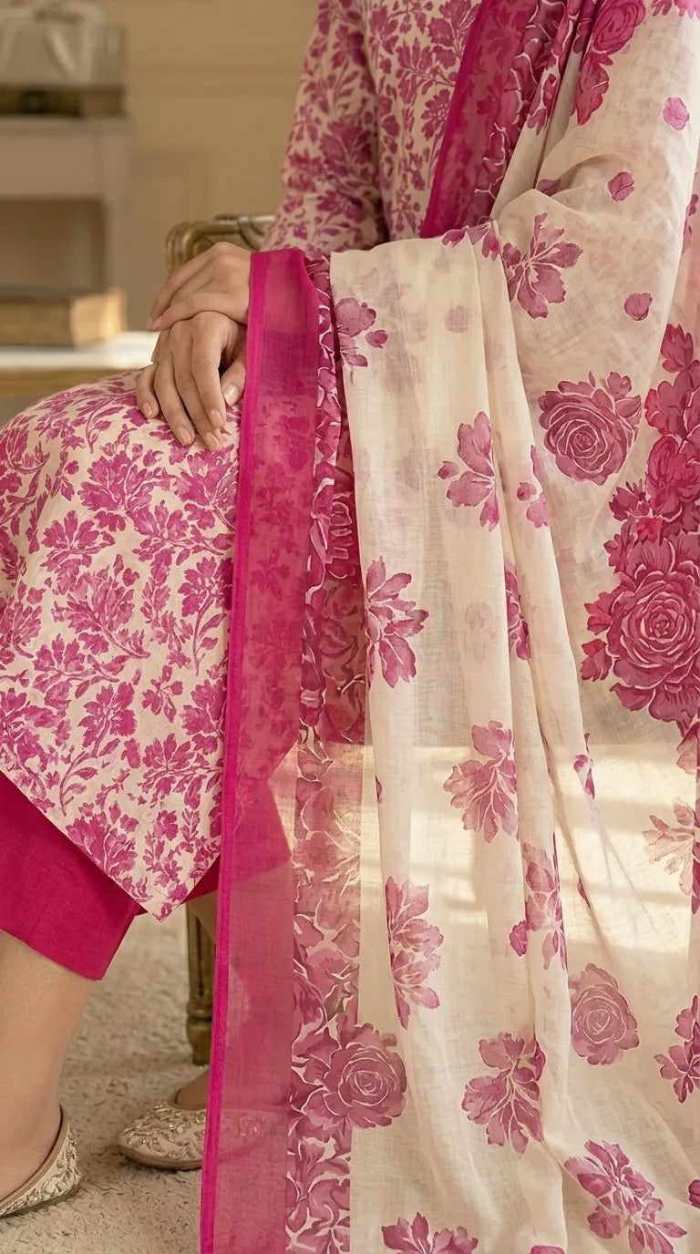 Printed Lawn 3-Piece Suit with Bamber Dupatta