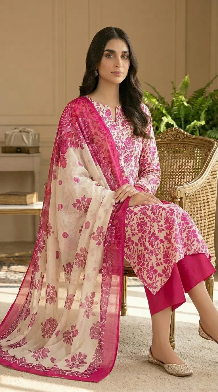 Printed Lawn 3-Piece Suit with Bamber Dupatta